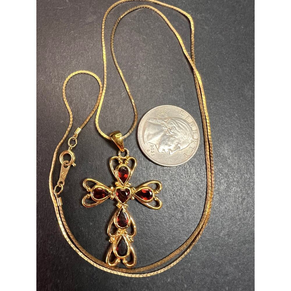 Vintage SETA Garnet Cross Pendant Necklace Gold Tone 24” - Picture 4 of 13